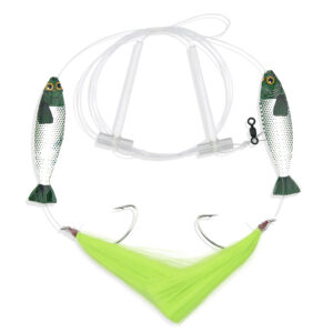 Aqua-Clear, Hi-Lo Hair Teaser Rig, Flounder/Fluke/SeaTrout/Croaker, 3/0 Nickel Wide Gap Hook, 40 lb / 18.1 kg GS Mono, T-Standoff, Chartreuse Hair, Green Holographic Minnow