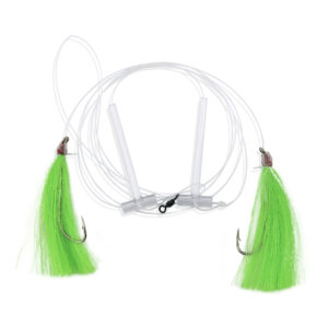 Aqua-Clear, Hi-Lo Pearl Accent Hair Teaser Rig, Flounder/Fluke/SeaTrout/Croaker, 3/0 XL Hook, AFW Swivel, 40 lb / 18.1 kg GS Mono, T-Standoff, Green Hair, Pearl Accent