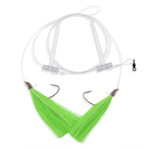 Aqua-Clear, Hi-Lo Pearl Accent Hair Teaser Rig, Flounder/Fluke/SeaTrout/Croaker, 3/0 Nickl Octo Hook, AFW Swivel, 40 lb / 18.1 kg GS Mono, T-Standoff, Green Hair, Pearl Accent