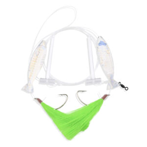 Aqua-Clear, Hi-Lo Hair Teaser Rig, Flounder/Fluke/SeaTrout/Croaker, 3/0 Nickel Wide Gap Hook, 40 lb / 18.1 kg GS Mono, T-Standoff, Green Hair, Silver Holographic Minnow