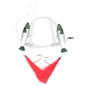 Aqua-Clear, Hi-Lo Hair Teaser Rig, Flounder/Fluke/SeaTrout/Croaker, 3/0 Nickel Wide Gap Hook, 40 lb / 18.1 kg GS Mono, T-Standoff, Pink Hair, Green Holographic Minnow