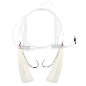 Aqua-Clear, Hi-Lo Solid Color Hair Teaser Rig, Flounder/Fluke/SeaTrout/Weakfish/Croaker, 3/0 Nickel Octopus Hook, AFW Swivel, 40 lb / 18.1 kg GS Mono, T-Standoff, White Hair