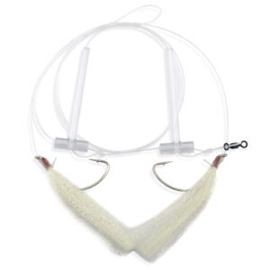 Aqua-Clear, Hi-Lo Pearl Accent Hair Teaser Rig, Flounder/Fluke/SeaTrout/Croaker, 3/0 XL Hook, AFW Swivel, 40 lb / 18.1 kg GS Mono, T-Standoff, White Hair, Pearl Accent