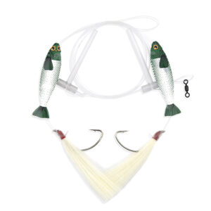 Aqua-Clear, Hi-Lo Hair Teaser Rig, Flounder/Fluke/SeaTrout/Croaker, 3/0 Nickel Wide Gap Hook, 40 lb / 18.1 kg GS Mono, T-Standoff, White Hair, Green Holographic Minnow