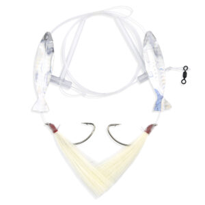 Aqua-Clear, Hi-Lo Hair Teaser Rig, Flounder/Fluke/SeaTrout/Croaker, 3/0 Nickel Wide Gap Hook, 40 lb / 18.1 kg GS Mono, T-Standoff, White Hair, Silver Holographic Minnow