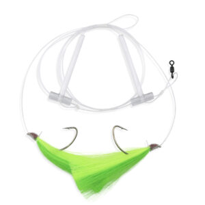 Aqua-Clear, Hi-Lo Mixed Color Hair Teaser Rig, Flounder/Fluke/SeaTrout/Croaker, 3/0 Nickel Octo Hook, AFW Swivel, 40 lb / 18.1 kg GS Mono, T-Standoff, Green & Chartreuse Hair