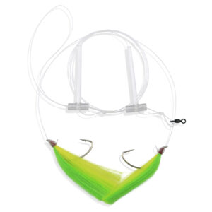 Aqua-Clear, Hi-Lo Mixed Color Hair Teaser Rig, Flounder/Fluke/Sea Trout/Croaker, 3/0 Nickel WideGap Hook, AFW Swivel, 40 lb / 18.1 kg GS Mono, T-Standoff, Green & Yellow Hair