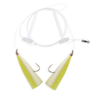 Aqua-Clear, Hi-Lo Mixed Color Hair Teaser Rig, Flounder/Fluke/SeaTrout/Croaker, 3/0 Nickel Octo Hook, AFW Swivel, 40 lb / 18.1 kg GS Mono, T-Standoff, Yellow & White Hair