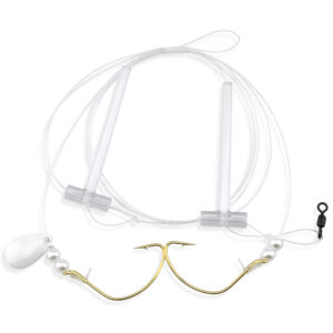 Aqua-Clear, Hi-Lo Pearl Rig, Flounder / Fluke / Sea Trout / Croaker, 2/0 Gold Color Wide Gap Hook, AFW Swivel, 40 lb / 18.1 kg Grand Slam Mono, T-Standoff, Pearls