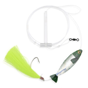 Aqua-Clear, Hair Teaser Rig, Flounder/Fluke/Sea Trout/Weakfish/Croaker, 3/0 Nickel Wide Gap Hook, AFW Swivel, 40 lb/18.1 kg GS Mono, T-Standoff, Chrtrse Hair, GreenHolo Minnow
