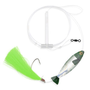 Aqua-Clear, Hair Teaser Rig, Flounder/Fluke/Sea Trout/Weakfish/Croaker, 3/0 Nickel Wide Gap Hook, AFW Swivel, 40 lb/18.1 kg GS Mono, T-Standoff, Green Hair, Green Holo Minnow