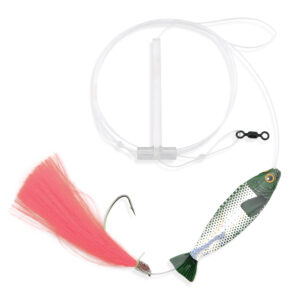Aqua-Clear, Hair Teaser Rig, Flounder/Fluke/Sea Trout/Weakfish/Croaker, 3/0 Nickel Wide Gap Hook, AFW Swivel, 40 lb/18.1 kg GS Mono, T-Standoff, Pink Hair, Green Holo Minnow