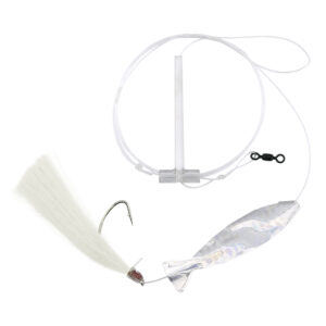 Aqua-Clear, Hair Teaser Rig, Flounder/Fluke/Sea Trout/Weakfish/Croaker, 3/0 Nickel Wide Gap Hook, AFW Swivel, 40 lb/18.1 kg GS Mono, T-Standoff, White Hair, Silver Holo Minnow