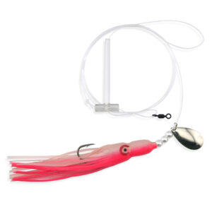 Aqua-Clear, Single Squid Teaser Rig, Flndr/Fluke/SeaTrout/Croaker, 3/0 XL Hook, AFW Swvl, 40 lb/18.1 kg GS Mono, T-Stndff, Lg Spinr, Cotton Candy Pnk/Wht Squid, Pearls