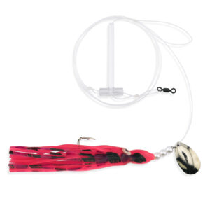 Aqua-Clear, Single Squid Teaser Rig, Flndr/Fluke/SeaTrout/Croaker, 3/0 XL Hook, AFW Swvl, 40 lb/18.1 kg GS Mono, T-Stndff, Lg Spinr, Flash Red/Black Squid