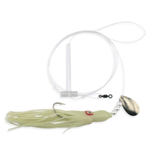 Aqua-Clear, Single Squid Teaser Rig, Flndr/Fluke/SeaTrout/Croaker, 3/0 XL Hook, AFW Swvl, 40 lb/18.1 kg GS Mono, T-Stndff, Lg Spinr, Glow White Glow Squid