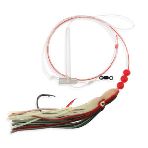 Aqua-Clear, Adj Tandem Rig, Flndr/Fluke/SeaTrout/Croaker, 5/0 Blk Nckl Oct Hook, AFW Swv, 40 lb/18.1 kg GS Mono, T-Standoff, 4 in/6.2 cm Army Truck Red-Blk-Wht Squid, Red Bds