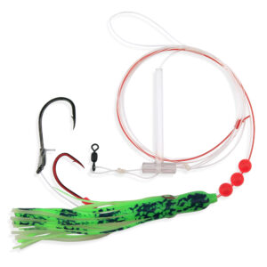 Aqua-Clear, Adj Tandem Rig, Flndr/Fluke/SeaTrout/Croaker, 5/0 Blk Nckl Oct Hook, AFW Swv, 40 lb/18.1 kg GS Mono, T-Standoff, 4 in/6.2 cm Swamp Thing Green & Black Squid