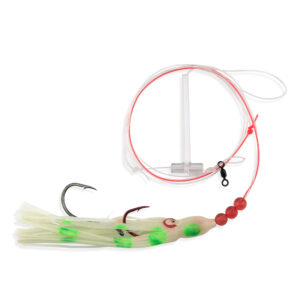 Aqua-Clear, Adj Tandem Rig, Flndr/Fluke/SeaTrout/Croaker, 5/0 Blk Nckl Oct Hook, AFW Swv, 40 lb/18.1 kg GS Mono, T-Standoff, 4 in/6.2 cm Glow Money Green & White Squid