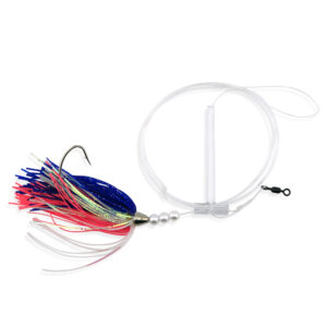 Aqua-Clear, Teaser Flasher Rig, Single Leadr, Flndr/Fluke/SeaTrout/Croaker, 4/0 Nckl WideGapHook, AFW Swvl, 40 lb/18.1 kg GS Mono, T-Standoff, Pink/Blue Kingbuster, Pearls