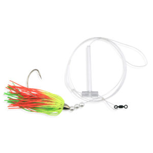 Aqua-Clear, Teaser Flasher Rig, Single Leadr, Flndr/Fluke/SeaTrout/Croaker, 4/0 Nckl WideGapHook, AFW Swvl, 40 lb/18.1 kg GS Mono, T-Standoff, Orng/Green Kingbuster, Pearls