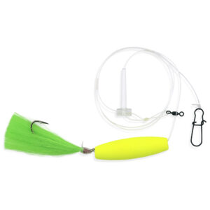 Aqua-Clear, Surf Float Rig, Flounder / Fluke / Striped Bass / Weakfish / Bluefish, 3/0 XL Hook, AFW Swivel, 60 lb / 27.2 kg Grand Slam Mono, Green Hair, Chartreuse Cigar Float