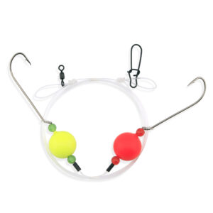 Aqua-Clear, Surf Ball Hi-Lo Rig, Flounder / Fluke / Striped Bass / Weakfish / Bluefish, Size 1 XL Hook, AFW Swivel, 60 lb / 27.2 kg Grand Slam Mono, Chrtrse & Red Float, Beads