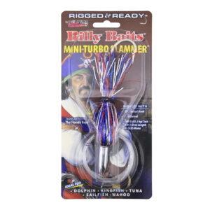 Billy Baits, Mini Turbo Slammer Rigged & Ready, Red/Silver/Blue/Blue, Concave Head, 7/0 Mustad Hook, AFW Swivel, 100 lb / 45.3 kg Grand Slam Mono Line, 6 ft / 1.8 m