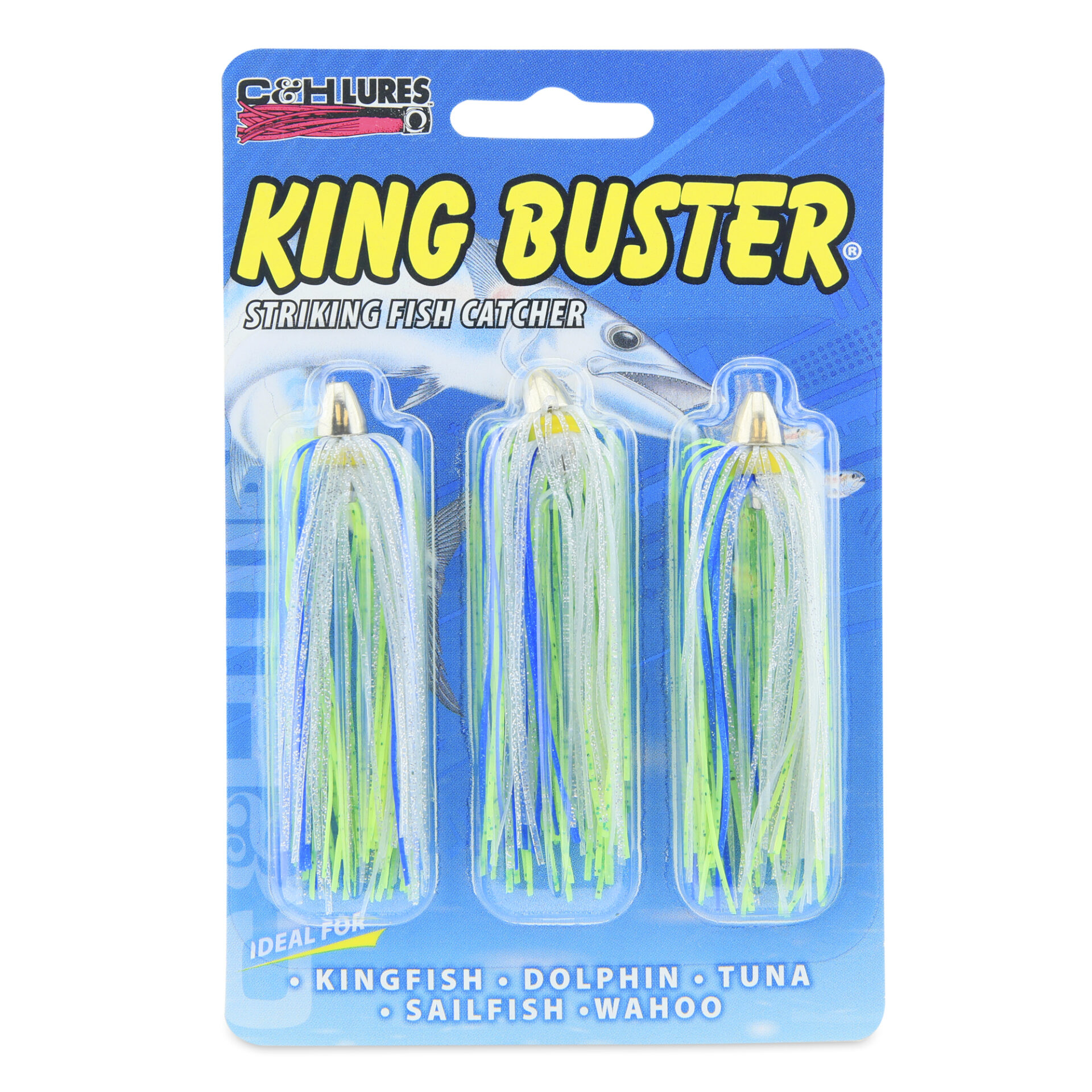 C&H, King Buster Lure, Blue/Chartreuse/Silver Skirt, 1/8 oz / 3.5 g Head, 2.5 in / 6.35 cm, 3 pc - Image 2