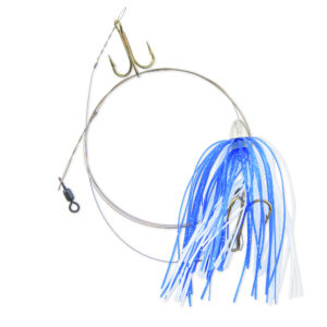 C&H, King Buster Pro-Rig, 1/8 oz / 3.5 g Head, Blue/White Skirt, Two #4 4x Treble Hooks, AFW Swivel, AFW Tooth Proof Camo Brown Wire, 3 ft / 0.91 m