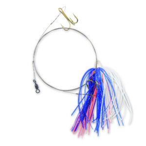 C&H, King Buster Pro-Rig, 1/8 oz / 3.5 g Head, Blue/Pink/Pearl Mylar Skirt, Two #4 4x Treble Hooks, AFW Swivel, AFW Tooth Proof Camo Brown Wire, 3 ft / 0.91 m