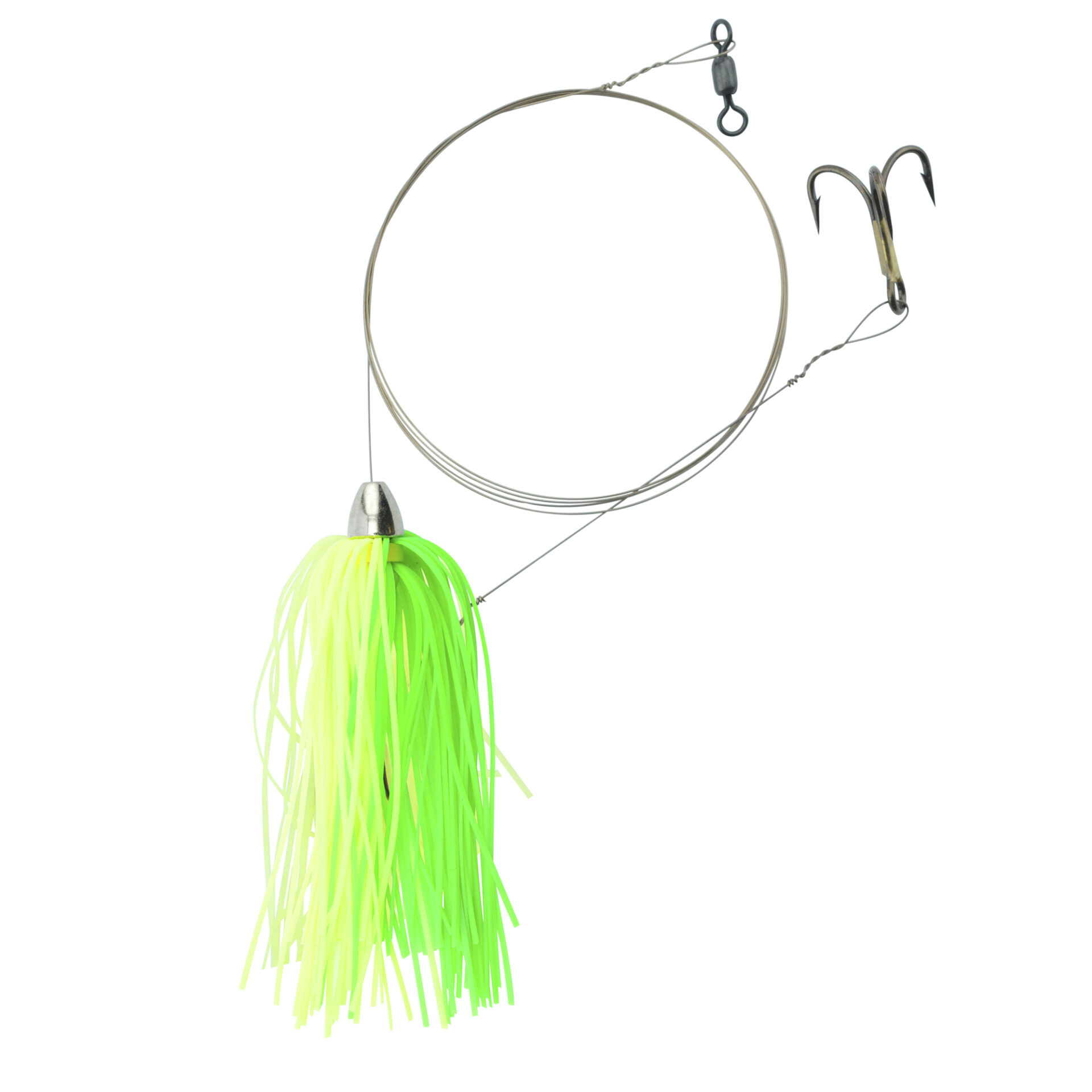 C&H, King Buster Pro-Rig, 1/8 oz / 3.5 g Head, Fluorescent Green/Chartreuse Skirt, Two #4 4x Treble Hooks, AFW Swivel, AFW Tooth Proof Camo Brown Wire, 3 ft / 0.91 m