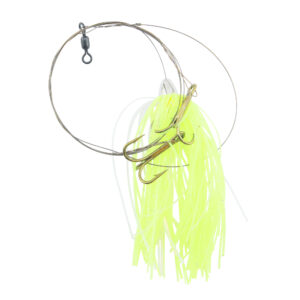 C&H, King Buster Pro-Rig, 1/8 oz / 3.5 g Head, Chartreuse/Pearl Mylar Skirt, Two #4 4x Treble Hooks, AFW Swivel, AFW Tooth Proof Camo Brown Wire, 3 ft / 0.91 m