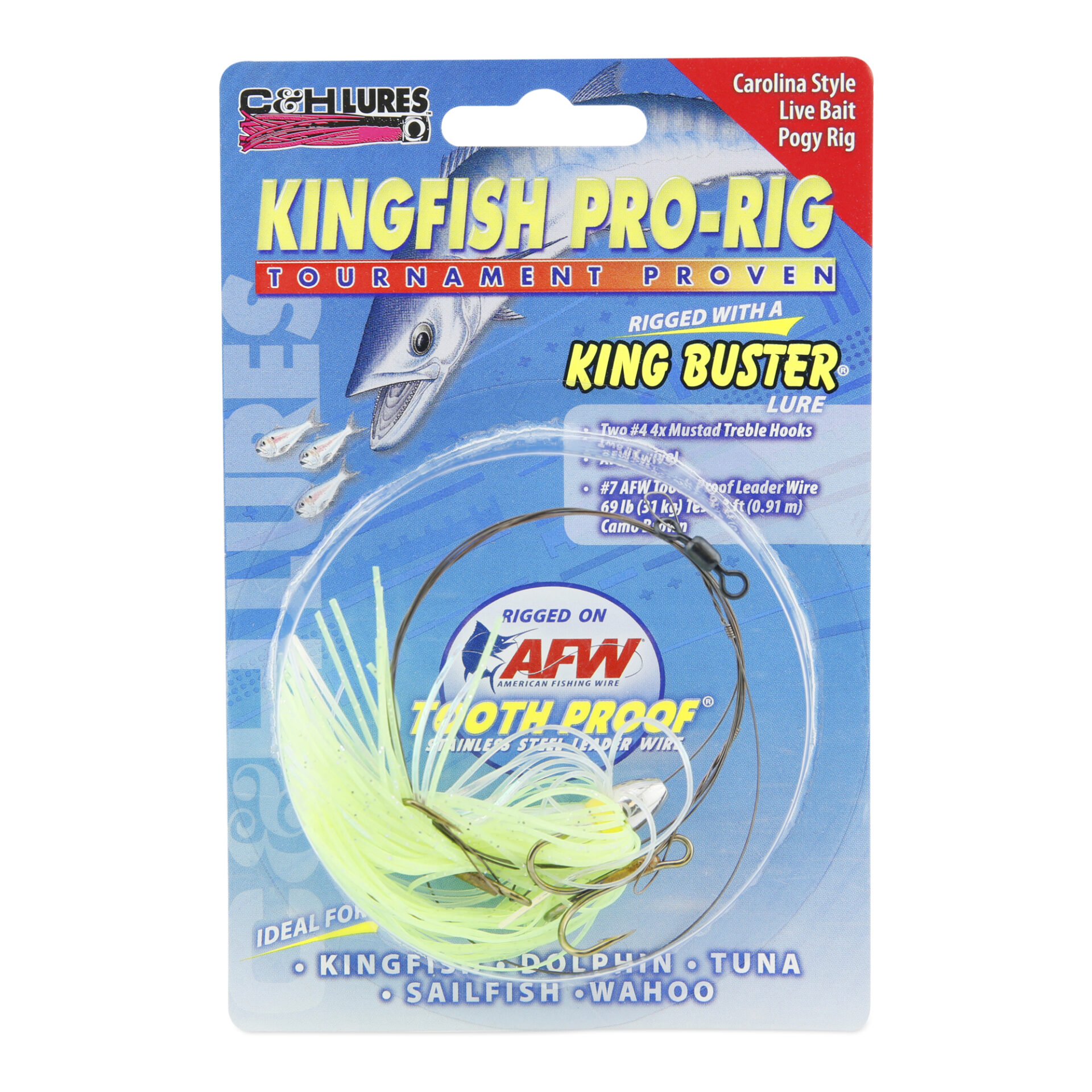 C&H, King Buster Pro-Rig, 1/8 oz / 3.5 g Head, Chartreuse/Pearl Mylar Skirt, Two #4 4x Treble Hooks, AFW Swivel, AFW Tooth Proof Camo Brown Wire, 3 ft / 0.91 m - Image 2