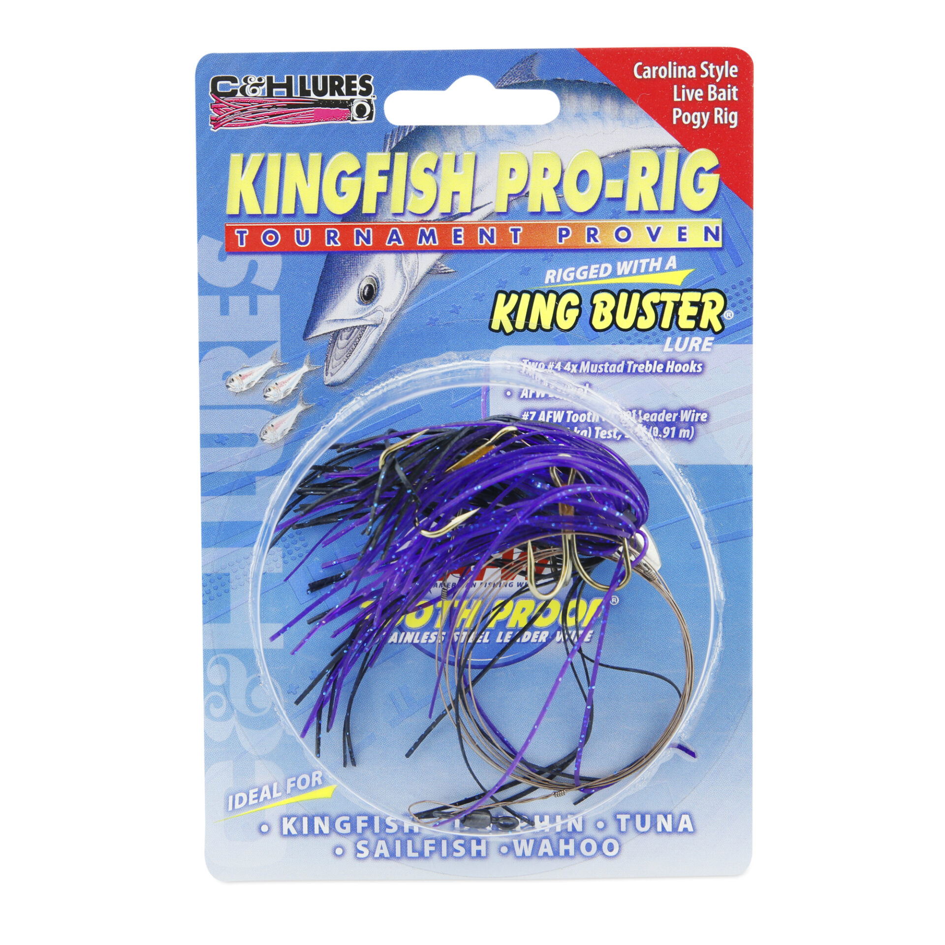 C&H, King Buster Pro-Rig, 1/8 oz / 3.5 g Head, Black/Purple Skirt, Two #4 4x Treble Hooks, AFW Swivel, AFW Tooth Proof Camo Brown Wire, 3 ft / 0.91 m - Image 2