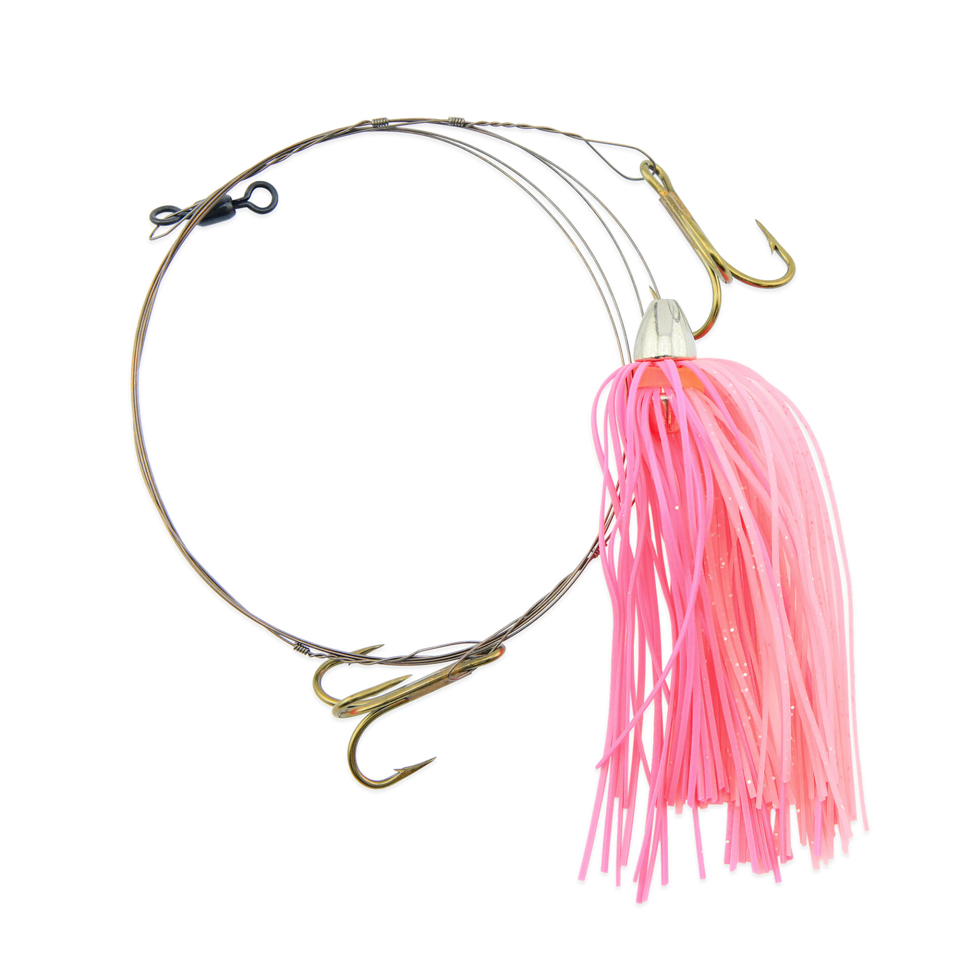 C&H, King Buster Pro-Rig, 1/8 oz / 3.5 g Head, Pink/Pink Silver Fleck Skirt, Two #4 4x Treble Hooks, AFW Swivel, AFW Tooth Proof Camo Brown Wire, 3 ft / 0.91 m