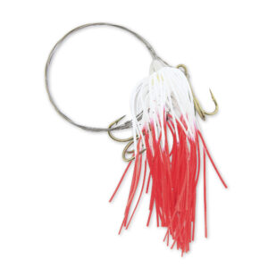 C&H, King Buster Pro-Rig, 1/8 oz / 3.5 g Head, White/Red Fire Tail Skirt, Two #4 4x Treble Hooks, AFW Swivel, AFW Tooth Proof Camo Brown Wire, 3 ft / 0.91 m