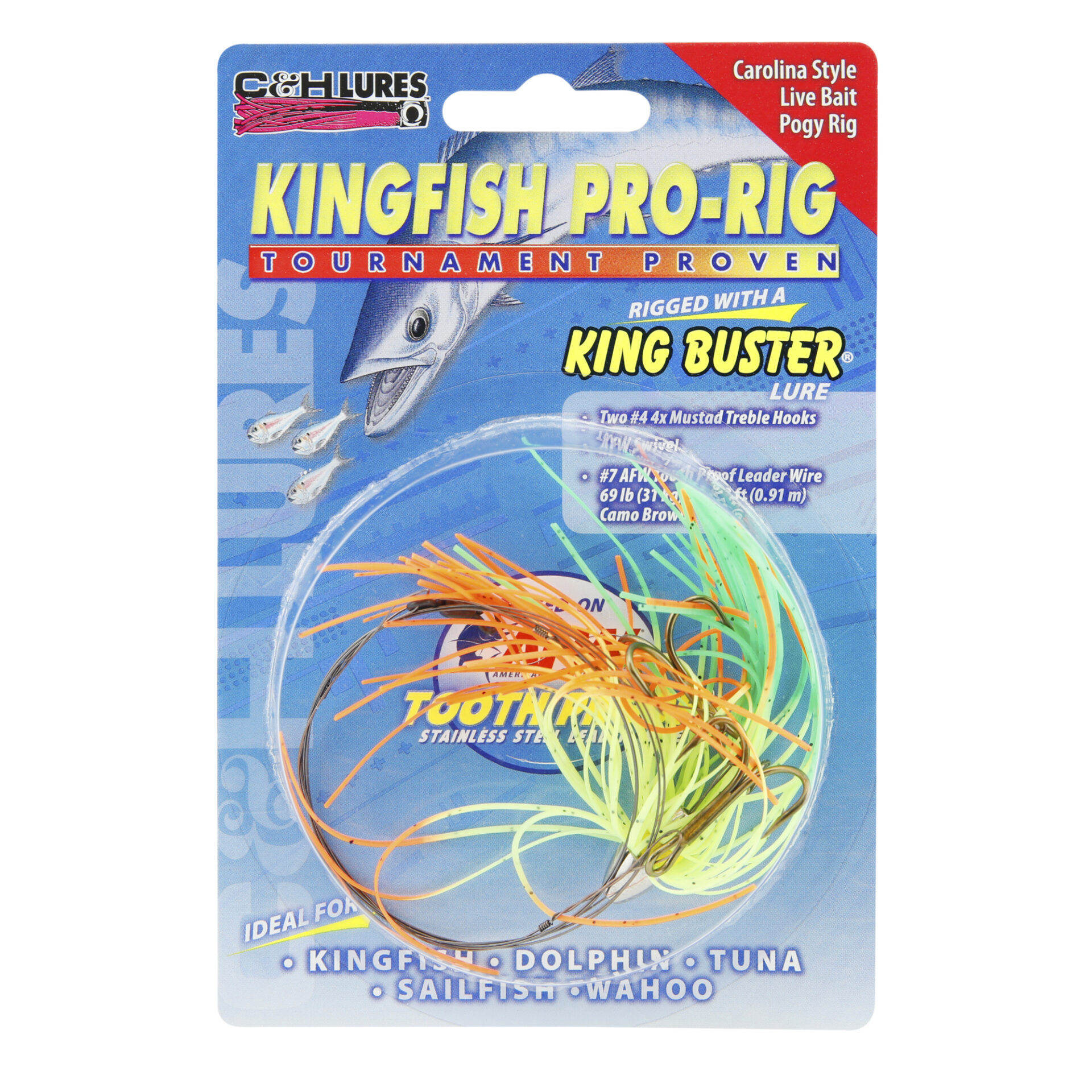 C&H, King Buster Pro-Rig, 1/8 oz / 3.5 g Head, Chartreuse/GreenOrangeFire Skirt, Two #4 4x Treble Hooks, AFW Swivel, AFW Tooth Proof Camo Brown Wire, 3 ft / 0.91 m - Image 2