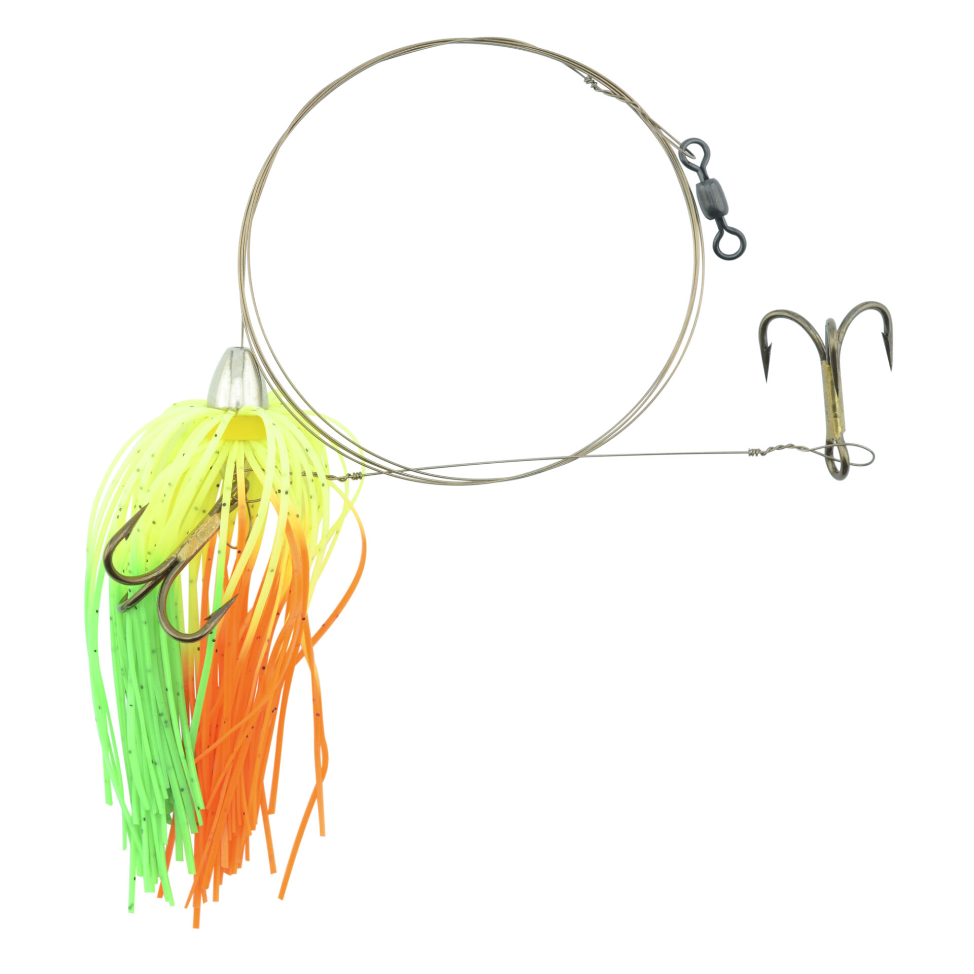 C&H, King Buster Pro-Rig, 1/8 oz / 3.5 g Head, Chartreuse/GreenOrangeFire Skirt, Two #4 4x Treble Hooks, AFW Swivel, AFW Tooth Proof Camo Brown Wire, 3 ft / 0.91 m