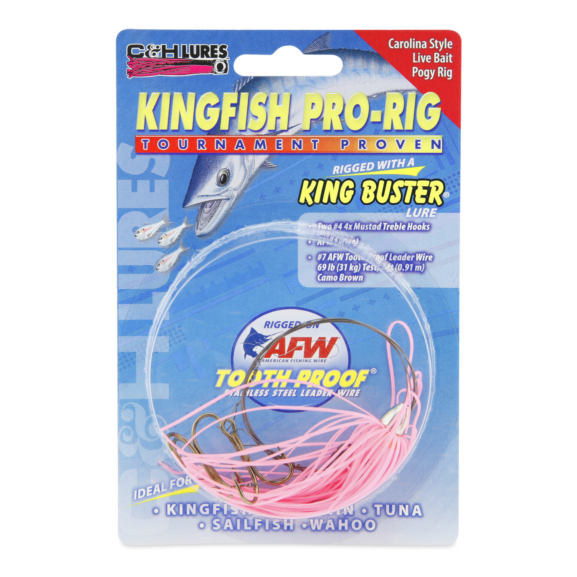 C&H, King Buster Pro-Rig, 1/8 oz / 3.5 g Head, Pink/Glow Skirt, Two #4 4x Treble Hooks, AFW Swivel, AFW Tooth Proof Camo Brown Wire, 3 ft / 0.91 m - Image 2