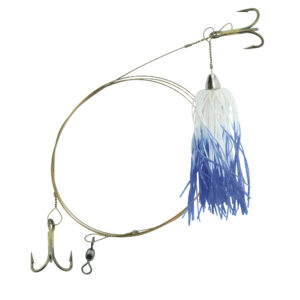 C&H, King Buster Pro-Rig, 1/8 oz / 3.5 g Head, Blue/White Glow Skirt, Two #4 4x Treble Hooks, AFW Swivel, AFW Tooth Proof Camo Brown Wire, 3 ft / 0.91 m