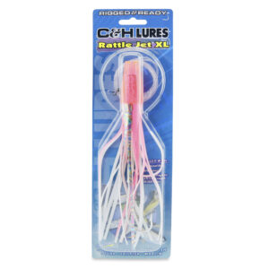 C&H, Rattle Jet XL Rigged & Ready, Pink-Foil/White Skirt, 8/0 Mustad Hook, AFW Swivel, 130 lb / 58.9 kg Grand Slam Mono Line, 6 ft / 1.8 m