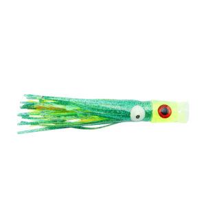 C&H, Stubby Bubbler Lure, Green Fleck/Chartreuse Mylar Skirt, 5.5 in / 13.9 cm