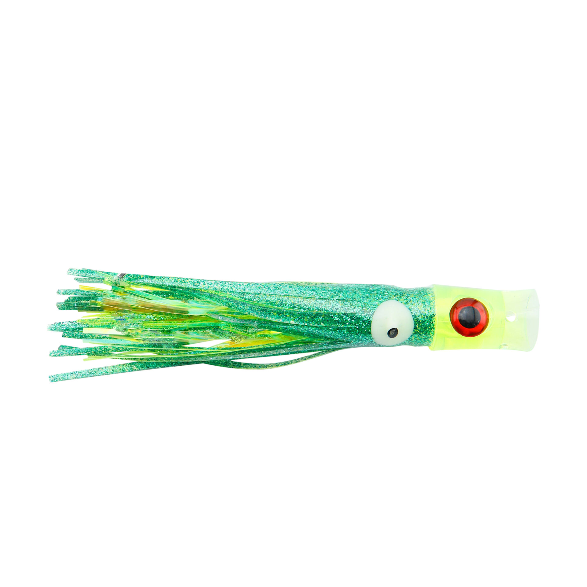 C&H, Stubby Bubbler Lure, Green Fleck/Chartreuse Mylar Skirt, 5.5 in / 13.9 cm