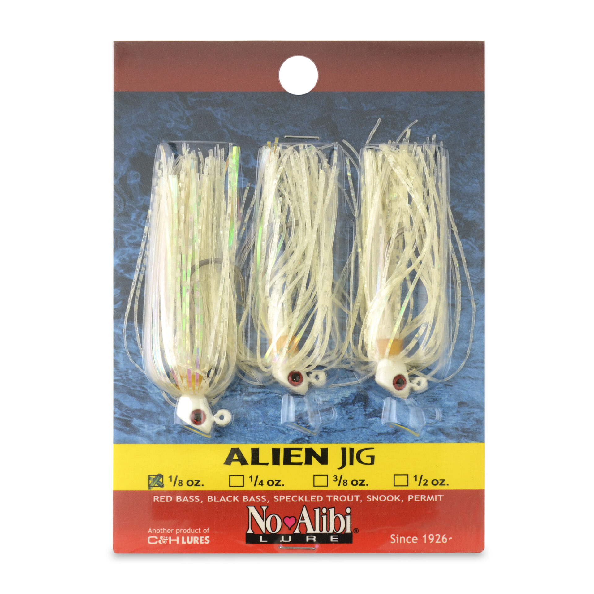 No Alibi, Alien Jig Inshore Series, Fluorescent White Skirt, 1/8 oz / 3.5 g White Head, 4/0 Hook, 3 pc - Image 2