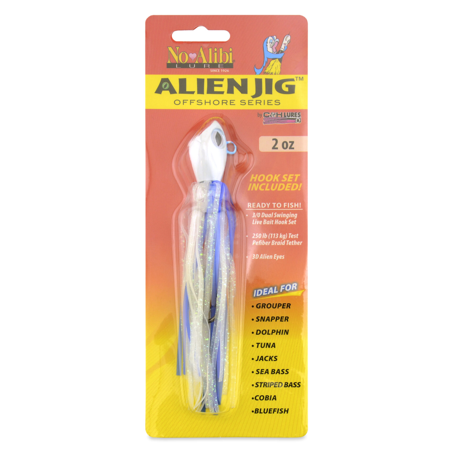 No Alibi, Alien Jig Offshore Series, Glow Blue/White Skirt, 2 oz / 56.6 g White/Blue Head, 5/0 Hooks (2) - Image 2