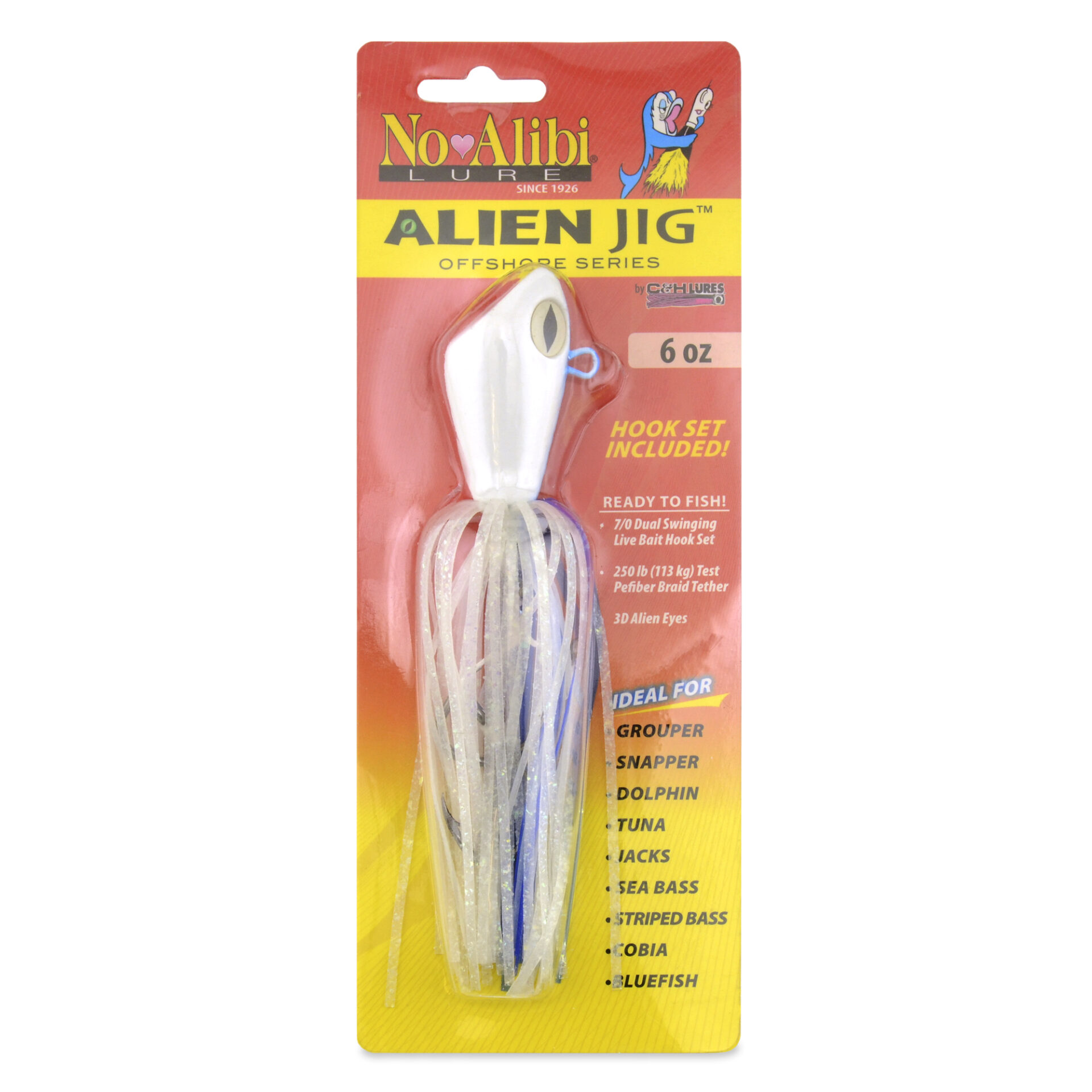 No Alibi, Alien Jig Offshore Series, Glow Blue/White Skirt, 6 oz / 170 g White/Blue Head, 7/0 Hooks (2) - Image 2