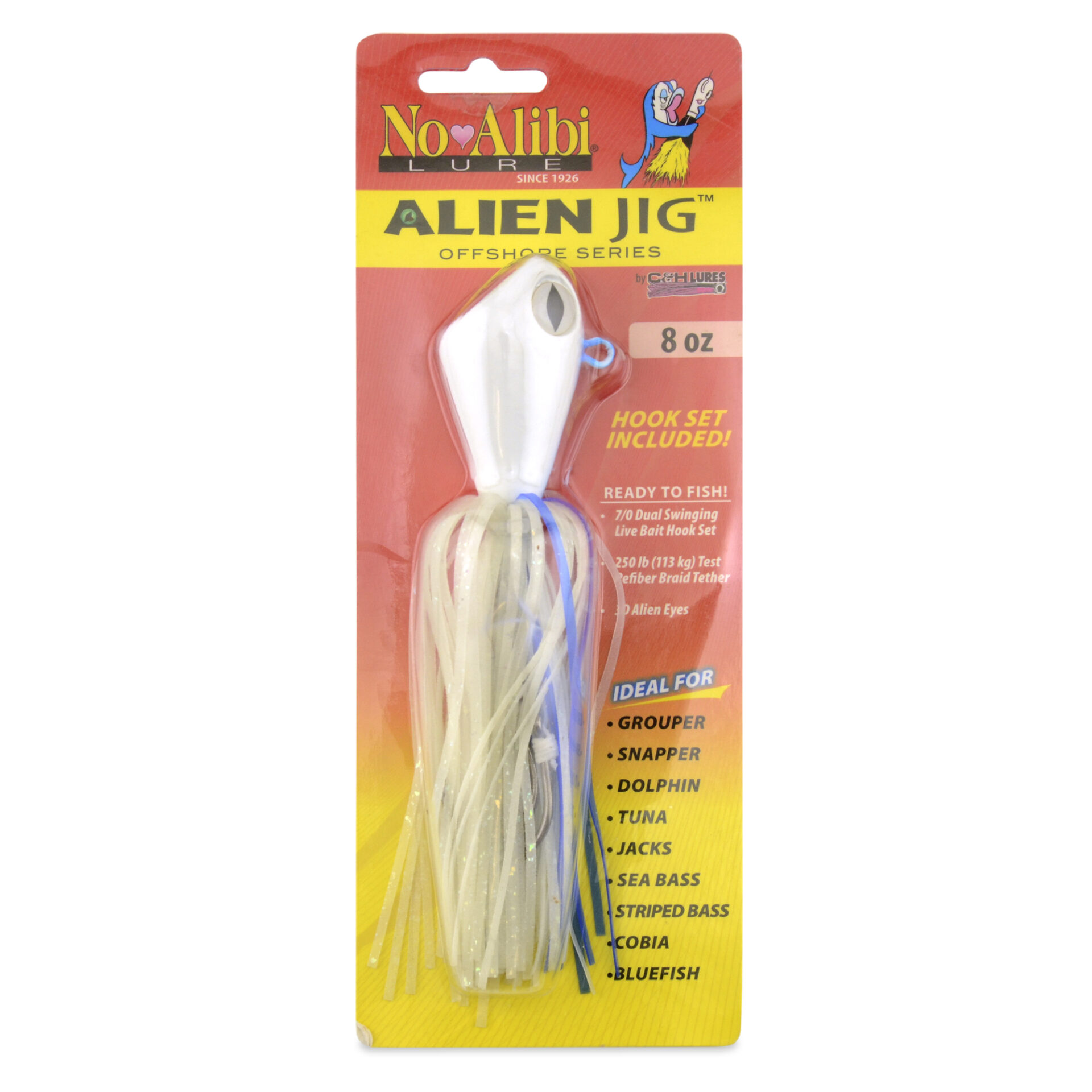 No Alibi, Alien Jig Offshore Series, Glow Blue/White Skirt, 8 oz / 226 g White/Blue Head, 7/0 Hooks (2) - Image 2