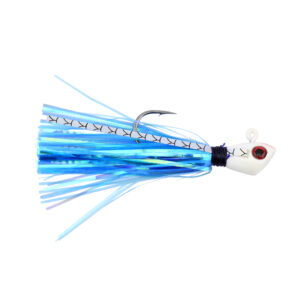 No Alibi, Alien Jig Inshore Series, Ocean Blue/Holographic Strip Skirt, 3/8 oz / 10.6 g White Head/Red Eye, 5/0 Hook, 3 pc