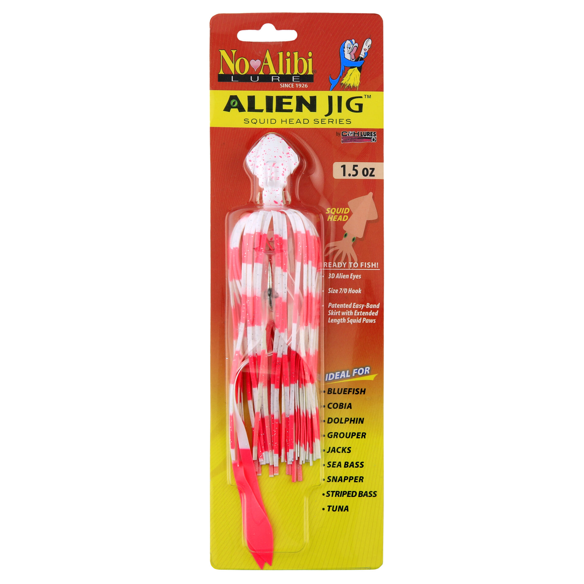 No Alibi, Alien Jig - Squid Head, 1.5 oz / 42.5 g, White/Pink Speckle Head, Glow White/Pink Skirt, Pink Squid Paws, 7/0 Hook - Image 2